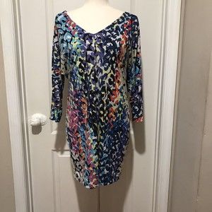 Trina Turk Size 8 Dominica Multi-Colored Print Midi V-Neck 3/4 Sleeves Dress